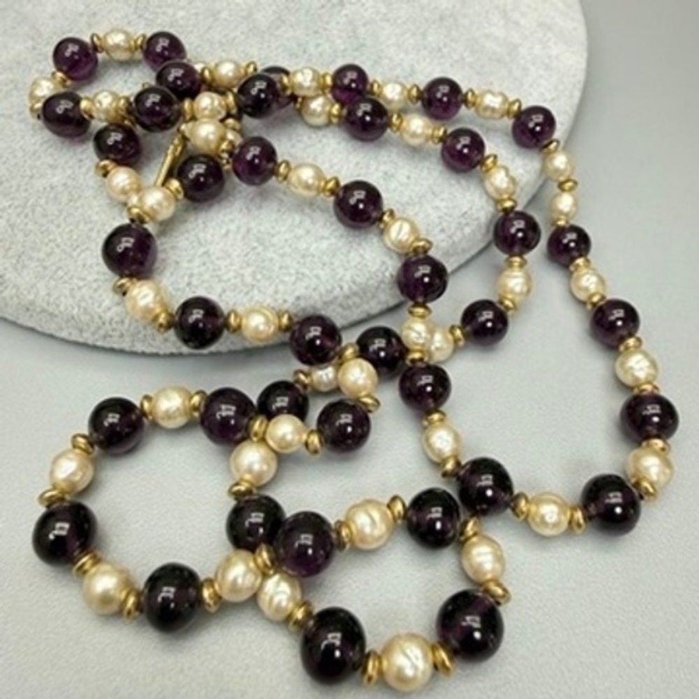 Vintage Purple Glass Imitation Pearl Bead Necklace Gold Tone Spacers 30" Opera